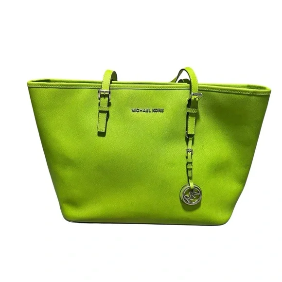 Michael Kors Saffiano Leather Jet Set Tote Lime Green Shoulder Bag - Picture 1 of 10